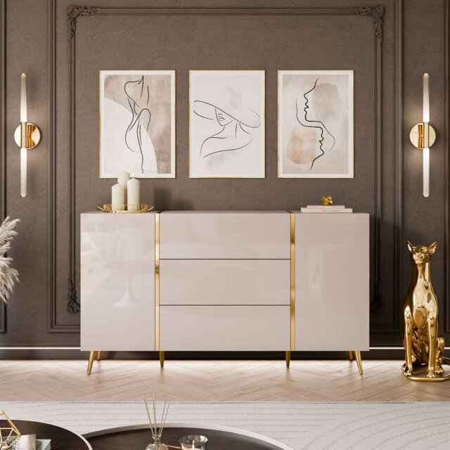 Sideboard with Drawers ONYX Cashmere with Golden Legs, High Gloss, 158 cm