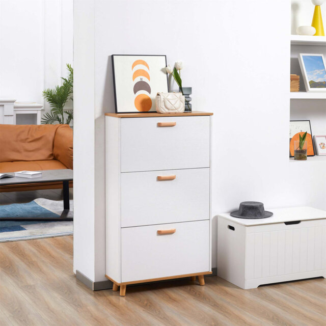 Narrow Shoe Cabinet With 3 Flip Drawers And Adjustable Shelves