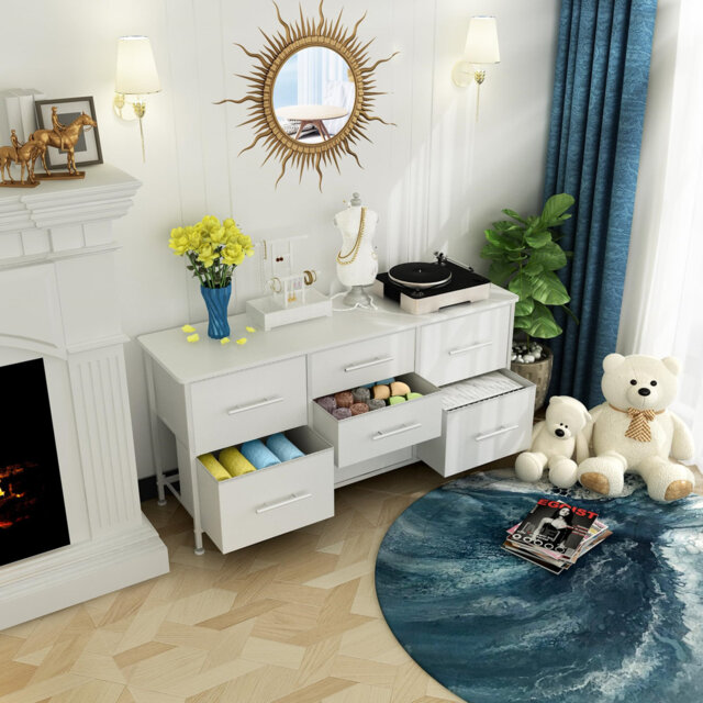Chest Of Drawers, Dresser For Bedroom With 7 Fabric Drawers, TV Stand On Castors, Storage Organizer For Living Room, Metal Frame And Wooden Top