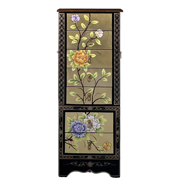 Apollonia Gold Leaf Jewellery Armoire Cabinet with Hand Painted Floral Artistry