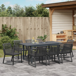 Garden Dining Set Extendable Manual 9 Pcs Black Large Metal & Rope