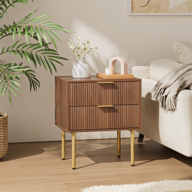 Bedside Table, Small Bedside Tables With 2 Drawers,Walnut
