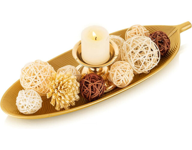 Leaf Shaped Wooden Decorative Tray - Gold Leaf Key/Candle Organizer Bowl
