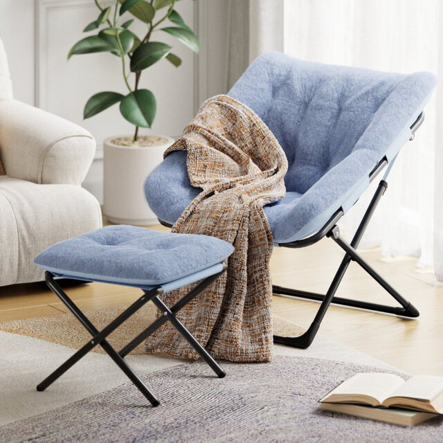 Comfy Foldable Lounge Chair, Oversized Saucer Chair with Plush Faux Fur, Sturdy Metal Frame, Accent Chair for Bedroom Living Room Dorm,Reading Chairs