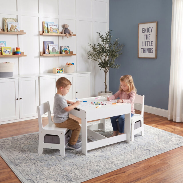 White Table and Two Chairs Set with Grey Storage Boxes