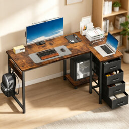 Small Corner Desk with Drawers, 120 x 70 cm Reversible L-Shaped Computer Desk, Black, Easy Assembly for Home Office & Small Spaces