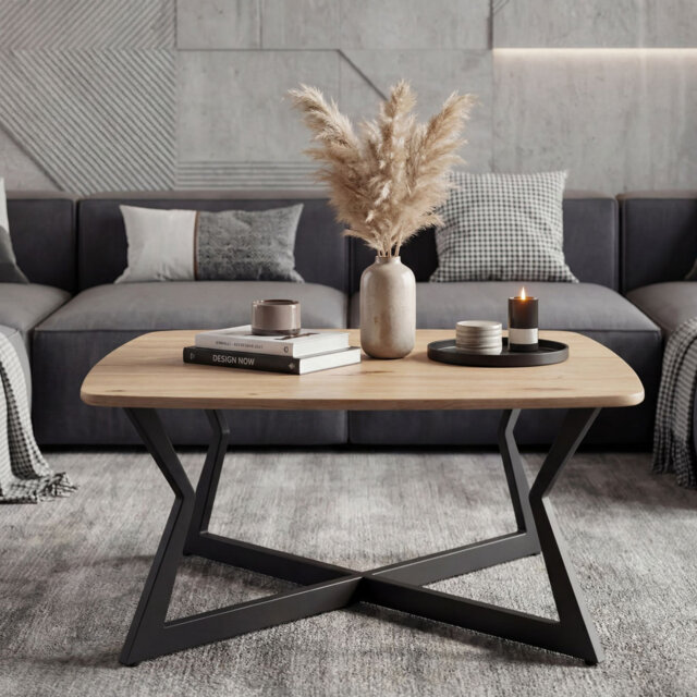 Square Oak-Effect Coffee Table with Black Zigzag Metal Frame