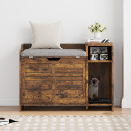 Cat Box Cabinet 2-in-1, Hidden Litter Box Furniture with Storage&Cushion, Cat Litterbox Furniture with Door, Indoor Wooden Covered Cat House for Hallw