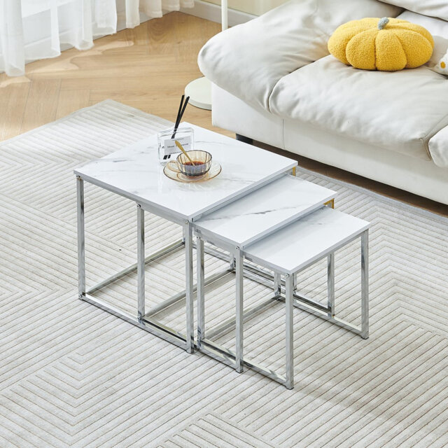 Living Room Nesting Coffee Table Set Of 3 High Glossing Marble Effect, Small Square Side Sofa Table 3 In 1 Nested Table Corner Little End Table Stacka