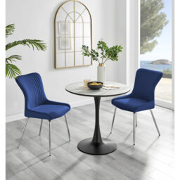Eubanks White Marble Effect Melamine Round 80cm Dining Table And Chairs - 2 Velvet Dining Chairs