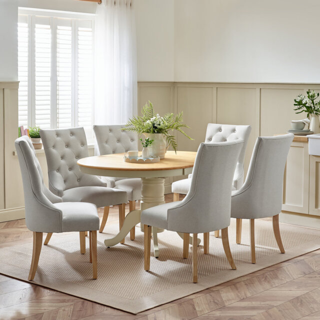 Prestow Extending Solid Wood Table With Eubanks Linen Fabric Chairs - Traditional Rustic Farmhouse