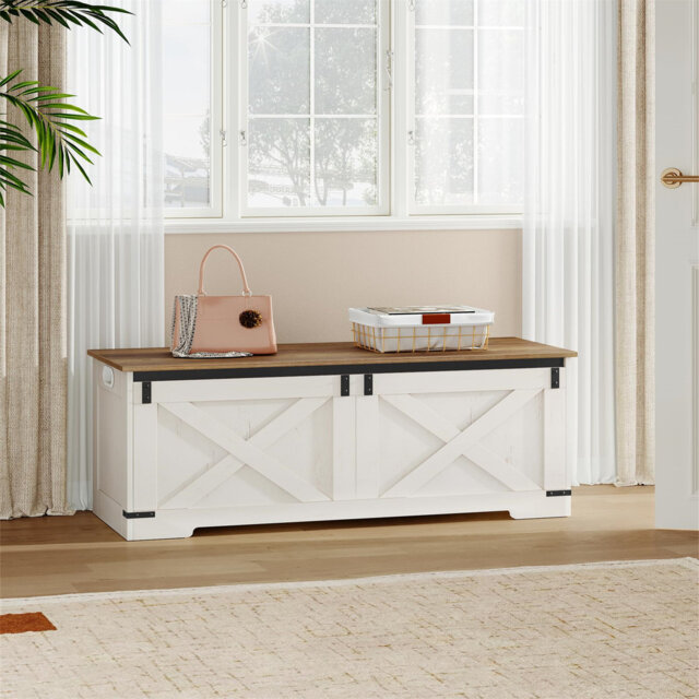 Storage Chest, Farmhouse Shoe Storage Bench With 2 Secure Hinge, Lift-Top Storages Bench, Bed End Stool
