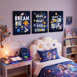 3Pcs Framed Inspirational Space Canvas Wall Art, Positive Affirmation Printed Poster Wall Decor, Rocket Planet Artwork For Children's Rooms Daycare Ce