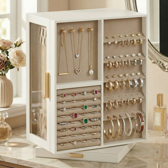 360° Rotating Jewellery Organiser, Vertical Storage Box with Glass Window