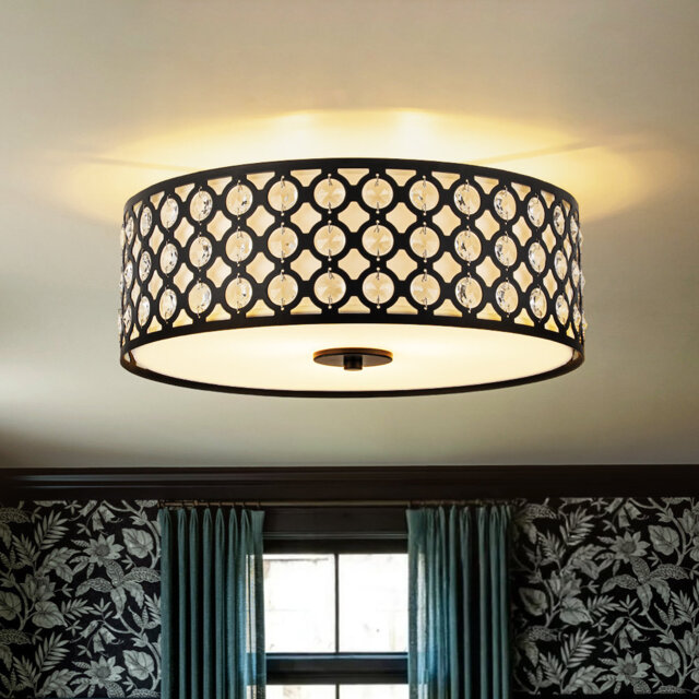 Farmhouse 3-Light Fabric Crystal Drum Cage Semi Flush Mount