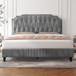 Upholstered Bed Frame with with Diamond Button-Tufted Headboard