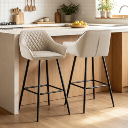 Faux Leather Upholstered Bar Stools with Armrests & Diamond Tufting