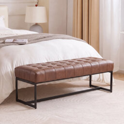 130cm Wide Genuine Leather Bench Tufted Iron Frame