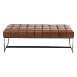 "Owen 51"" Wide Tufted Iron Frame Genuine Leather Bench"