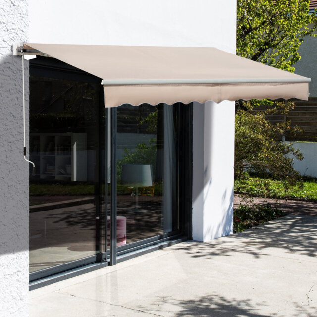 4 X 2.5m Beige Manual Retractable Awning, Window Door Sun Weather Shade With Crank Handle, 280g Polyester Canopy Aluminium Bracket Outdoor Patio Sun S