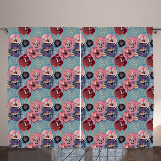 Rustic curtain, abstract pansy floral print, flowery, shame red quartz blue gray