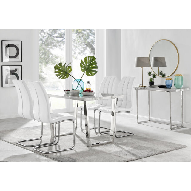 Kylooe Modern Marble Effect And Silver Dining Table Set With 4 Modern Faux Leather Chairs