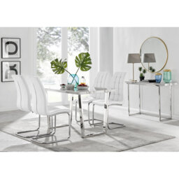 Kylooe Modern Marble Effect And Silver Dining Table Set With 4 Modern Faux Leather Chairs
