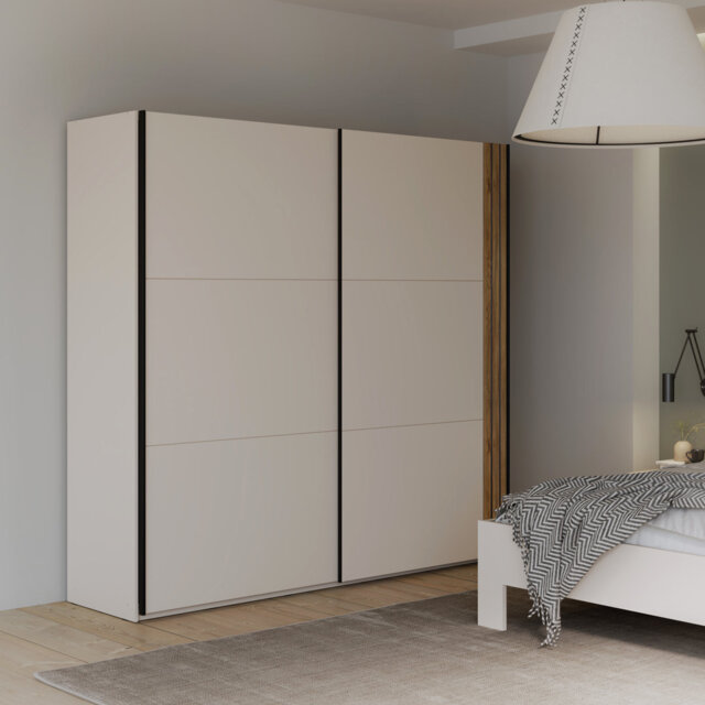 Minimalistic wardrobe with 2 sliding doors, clothing rail and shelves, engineered wood, beige/black, 220.1 cm W x 210.5 cm H x 61.2 cm D