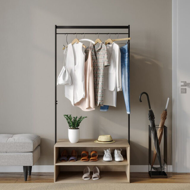 Wooden Shoe Rack Shelf Storage & Metal Clothes Coat Garment Hanging Display Rail