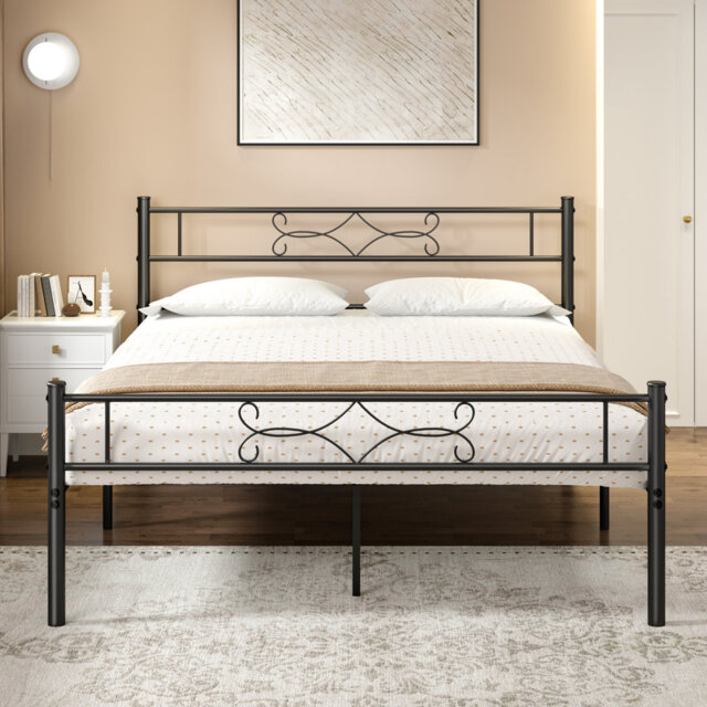 Alvernia Single Double Size Bed Metal Platform Mattress Foundation w/Headboard Footboard