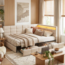 EU Single & Double Linen Daybed with LED & USB Charging, L-Shaped Headboard & Side Drawers, Beige/Grey, 90/140x200cm