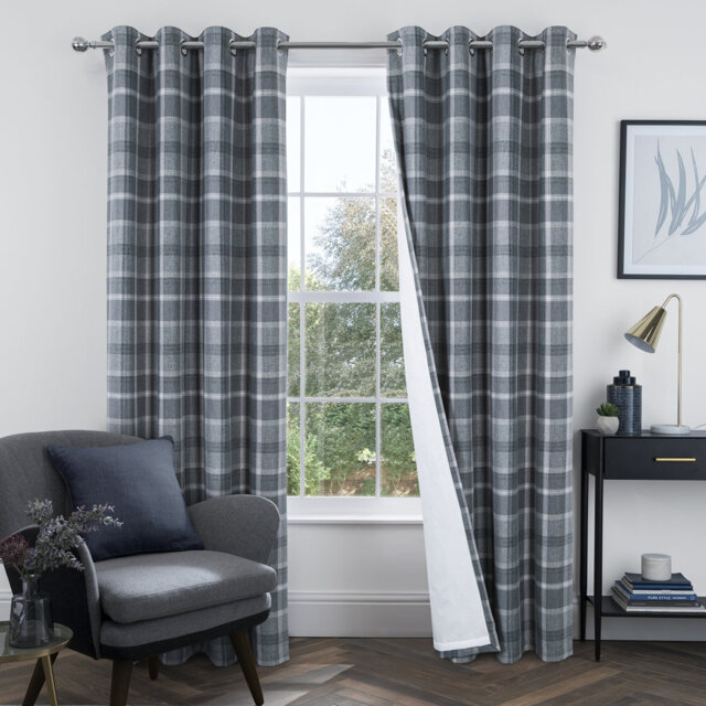 100% Blackout Curtains Check Eyelet Curtain Bedroom Plaid Woven Brushed Cheque Pair of Highland Woolen Look Window Treatment for Living Room Beige 46