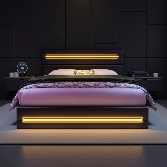 Modern Ottoman Bed With Dual LED Lights, Faux Leather Storage Bed With Adjustable Headboard & USB Ports, Black