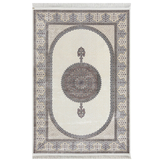 Minyatur White & Cream Medallion Area Rug – 100% Viscose, Traditional Low-Pile Woven Carpet for Living Room, Bedroom & Hallway