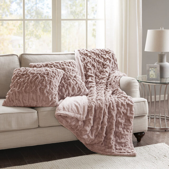"Avnee Luxurious Plush Soft Crinkled Faux Fur Plush Set With 2 Matching Square Pillowcases, Blush 50"" X 60"" Blanket"