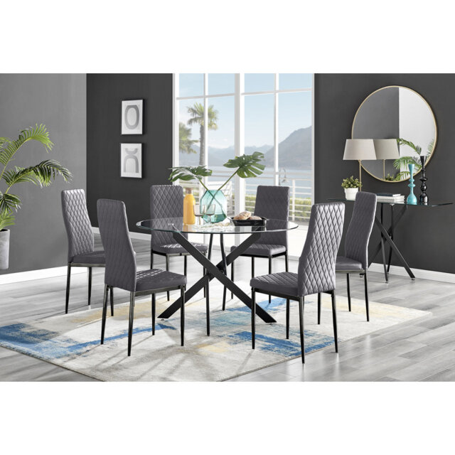Bernell Modern Chrome Metal & Glass Round Dining Table Set with 6 Quilted Velvet Chairs