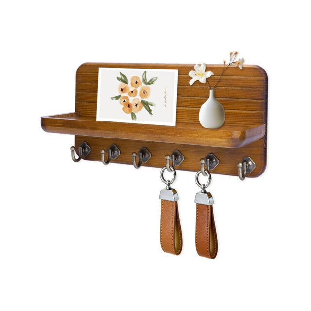 Key Holder for Wall with Wood Tray and 6 Hooks Key Hooks Wall Mounted Home Decor Key Rack Beige