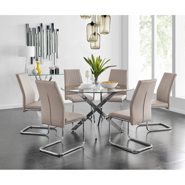 Tierra Modern Chrome Metal & Glass Round Dining Table Set with 6 Upholstered Faux Leather Chairs
