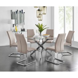 Tierra Modern Chrome Metal & Glass Round Dining Table Set with 6 Upholstered Faux Leather Chairs