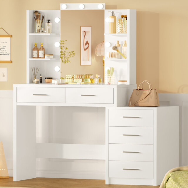 Dressing Table with Mirror and Lights, 6 Drawers, 6 Storage Shelves, 10 Bulbs, 3 Light Modes with 6 Brightness Levels, Vanity desk, White