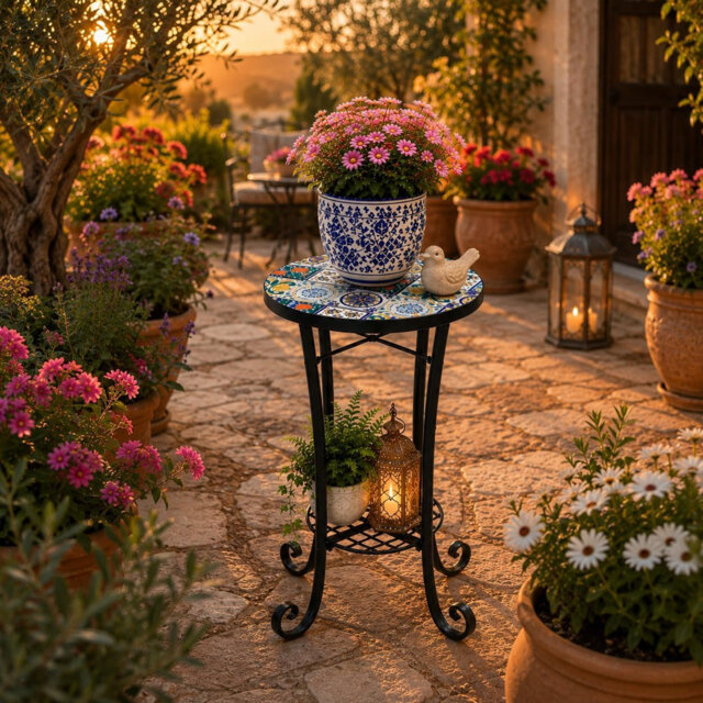 35cm Mosaic Plant Stand and Side Table with Ceramic Tile Top for Indoor and Outdoor Use