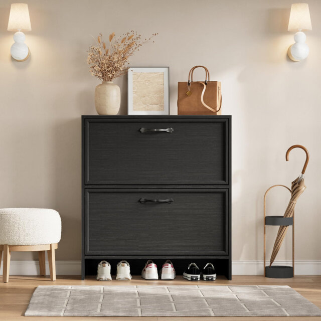 Shoe Cabinet with 2 Flip Drawers, Narrow Shoe Storage Cabinet with Adjustable Shelf, Hidden Shoes Rack with Anti-Tipping Kit, Freestanding Shoes Rack