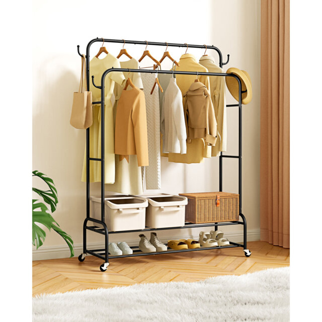 Heavy Duty Clothes Rail, 120KG Black Metal Rack With Double Hanging Clothing Rail, Shoe Rack, Storage Shelves & 4 Coat Hooks, Wardrobe Clothes Rails F