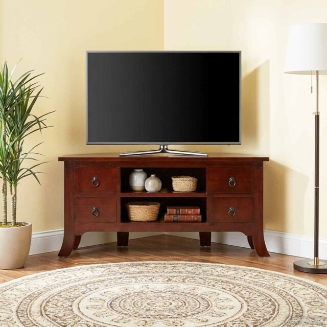 TV Cabinet With Drawer With Shelf Brown Solid Mahogany Wood Furniture