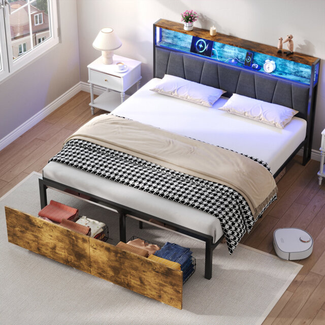 4Ft6 Double Bed Frame With 2 Storage Drawers, Rgb Led Storage Headboard With Charging Station, Metal Platform Bed Frame, No Box Spring Needed, Easy As