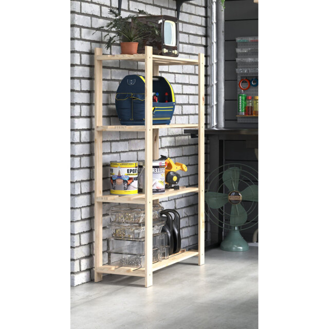 Bookcase, 4 shelf storage unit, pre sanded pine with slatted shelves