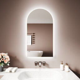Arched White Metal Bathroom Mirror, Frosted Surround Edge, Anti-Fog Pad, Touch Stepless Dimming LED