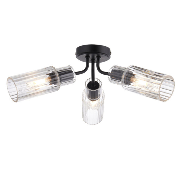 Portland - Matt Black with Clear Glass 3 Light Flush Ceiling Fitting