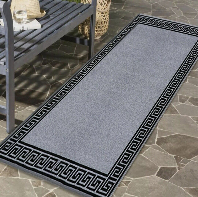 Plain Rug with Greek key Bordered Gel backed Rug Allissia Grey/Black Rug