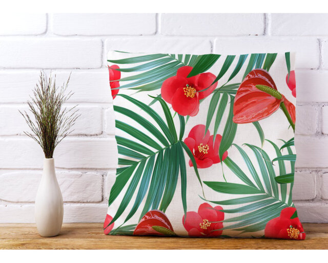 Debden Tropical Flowers and Palm Leaves Hawaiian Floral Scatter Cushion with Filling